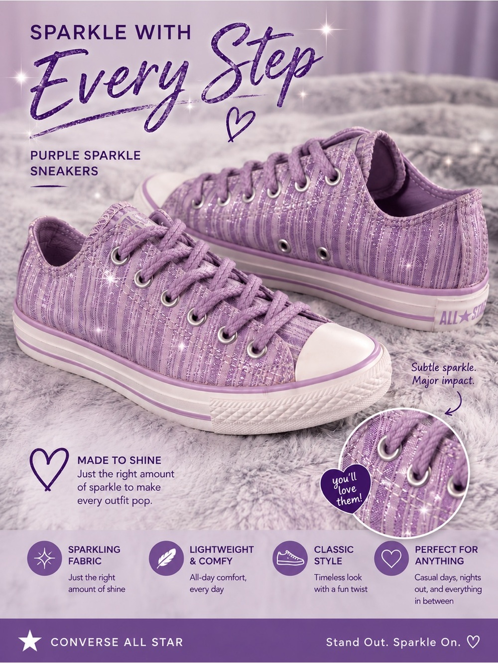 Lilac Low-Top Sparkling Canvas Sneakers for Women